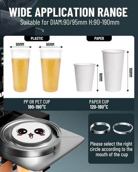 Wide application range for Fully Automatic Cup Sealing Machine 90 To 95mm Electric Sealer With Digital LCD Control Panel.