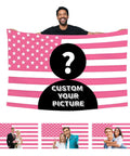 Man holding personalized pink American flag 3x5ft custom flag with photo and text for bedroom dorm living room wall decor.