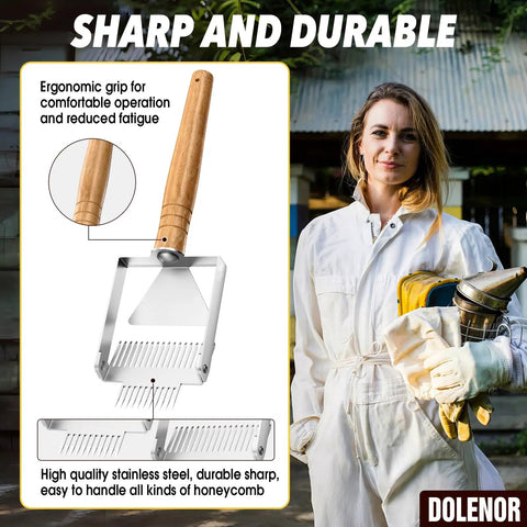 2-In-1 Beekeeping Uncapping Fork And Scraper Tool Stainless Steel With Wooden Handle shown with beekeeper in suit