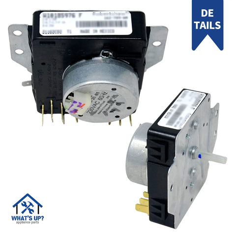 OEM Quality Dryer Timer Replacement For Whirlpool Maytag And More Durable DIY Friendly Install OEM Part WPW10185976 AP6016539 1481703 PS11749829 EAP11749829 W10185976 Alternative, showing two angles of the replacement timer.