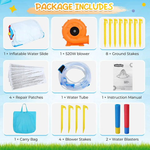 Double Dip Inflatable Water Slide Park package contents including blower, stakes, repair kit, water tube, and instruction manual