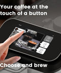 Premium Fully Automatic Coffee Maker Built For Your Daily Grind Features Smart App Control and Intuitive Touchpad Displaying Espresso Options.