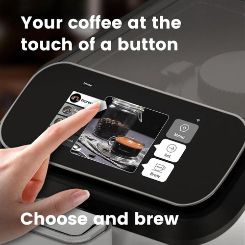 Premium Fully Automatic Coffee Maker Built For Your Daily Grind Features Smart App Control and Intuitive Touchpad Displaying Espresso Options.