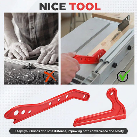 Red push block and stick used on table saw for keeping hands safe with 2 Piece Table Saw Push Block And Push Stick Set For Woodworking Safety