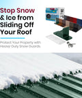 Pack of Fifty Hella Durable Rock Solid Polycarbonate Snow Guards For Metal Roofs in action on a snowy green metal roof.
