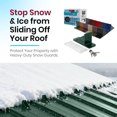 Pack of Fifty Hella Durable Rock Solid Polycarbonate Snow Guards For Metal Roofs in action on a snowy green metal roof.