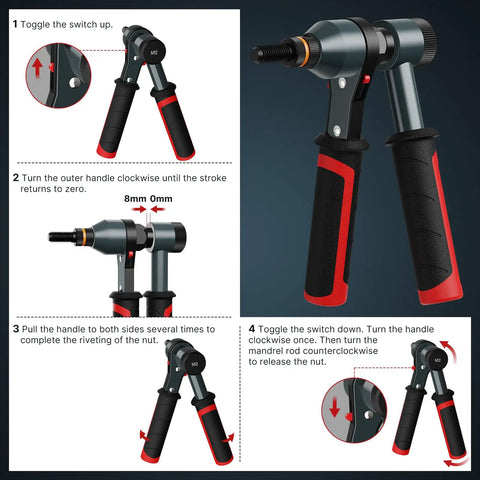 Rivet Nut Tool Kit With Ratcheting Mechanism And Quick Change Mandrels For Fast Installations shown with usage instructions.