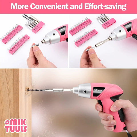Cordless 3.6V Electric Screwdriver Tool Kit With 112-Piece Set, pink lightweight power drill used for DIY in wooden surface