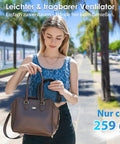 Woman placing Wearable Neck Fan With Support And 5 Speeds Ultra Lightweight Personal Cooler into a brown leather handbag.