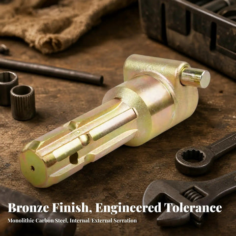 Heavy Duty Tractor PTO Adapter With Push Pin Locking Mechanism And Premium Splined Shaft for farm equipment with bronze finish.