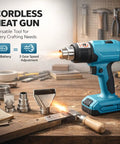 Three Gear Cordless Heat Gun with Rechargeable Battery for Portable Plastic Welding, honeycomb heating tech setup on workbench.
