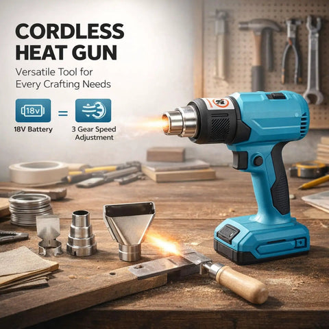 Three Gear Cordless Heat Gun with Rechargeable Battery for Portable Plastic Welding, honeycomb heating tech setup on workbench.