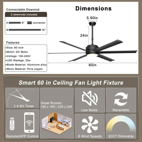 60 Inch Outdoor Ceiling Fan With Lights No Fuss Remote And App Control Dimmable Black Ceiling Fan With DC Motor And Aluminum Blades For Patio And Living Room Rust Resistant Weatherproof Modern Sleek Design diagram showing dimensions and features.