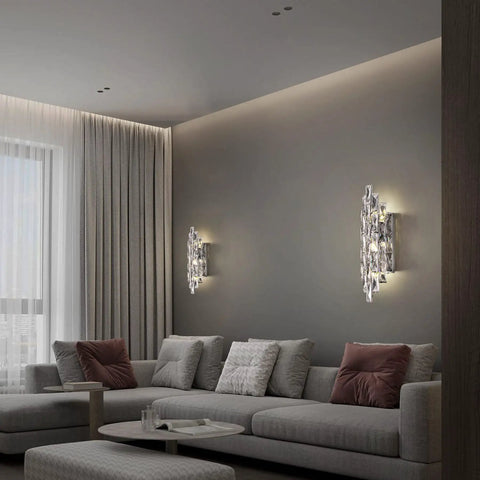 Crystal Chrome Wall Sconces for Living Room Bedroom Bathroom Hallway Staircase Lighting Indoor Vanity Wall Mount Lamps with Clear K9 Crystals for a Lit Modern Ambience in a living room setting