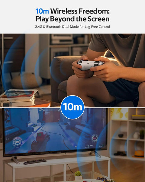 Person using Wireless Gaming Controller With Broad Device Support for PC Switch iOS Android PS3 PS4 Steam Mac with 10m range