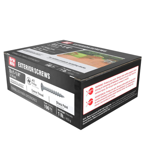 Heavy Duty Exterior Deck Screws For Pressure Treated Lumber Phillips Bugle Head Coarse Thread 1 1/4 In By 9 Gauge PrimeGuard Rust Resistant Finish One Pound Box Pack displayed in packaging.