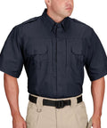 Men's Short Sleeve Tactical Shirt In LAPD Navy Blue With Teflon Stain Repellent Finish featuring dual chest pockets and pen holders.