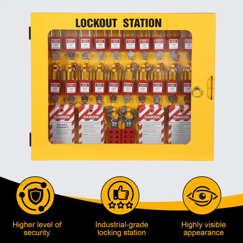 Built Tough Lockout Tagout Loto Station With 20 Heavy Duty Padlocks And 6 Steel Hasps Plus 60 Warning Tags For Bulletproof Industrial Electrical Job Site Safety Management