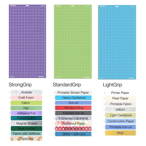 WorkLion 12x24 cutting mats: purple StrongGrip, green StandardGrip, blue LightGrip for Cricut Explore/Air/Maker.