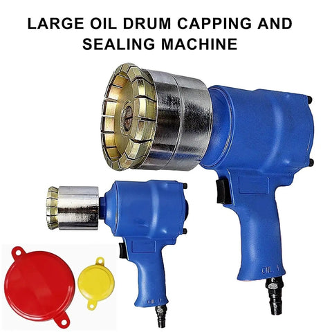 Heavy Duty Handheld Pneumatic Crimping Tool For 55 Gallon And 160L Steel Oil Barrels Non Electric Drum Sealer With Adjustable Tightness Dial. Two sizes of blue pneumatic barrel sealers with metal caps.