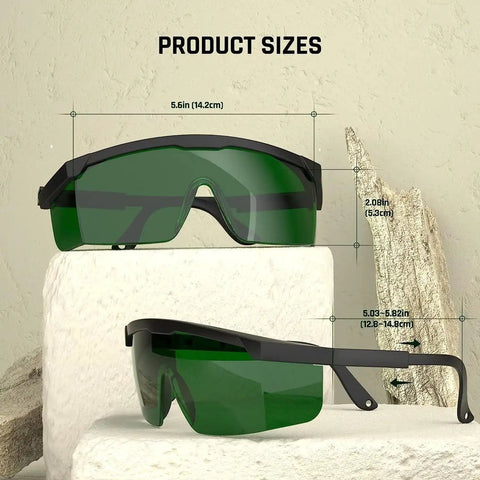 Kickass Heavy Duty Laser Safety Glasses With Strong OD4 Plus Shielding For Laser Engravers Cutters And Welders Featuring Anti Fog Lenses and Grip Tight Adjustable Fit, showing product sizes.