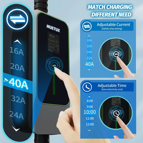 No Fuss Portable Level 2 EV Charger With J1772 Connector For Electric Cars, 40 Amp control panel showing adjustable current options.