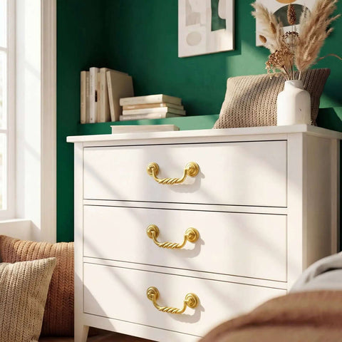 Six Pack 4.5 Inch Center To Center Drawer Pulls Antique Drop Bail Handles Vintage Style Gold Finish on white dresser
