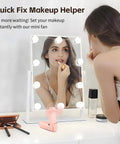 Portable Mini Handheld Fan With USB Rechargeable Power Bank And Built In LED Flashlight Foldable Pocket Cooling Fan on vanity table