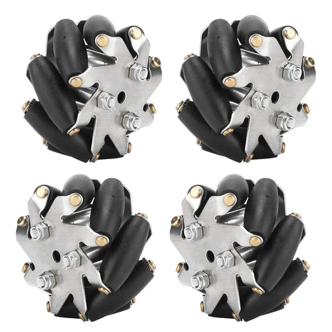 Omni Directional 48mm Steel Mecanum Wheels Set With TPR Rollers For Robot Car Left And Right Pair, four wheels shown.
