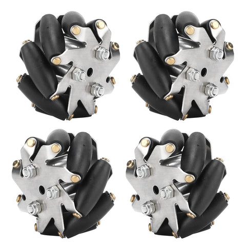 Set of four 48mm steel Mecanum wheels with black rollers and mounting plates.