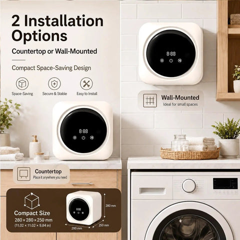 Hassle Free Compact Countertop Washer And Dryer Combo With Smart One Touch Settings showing countertop and wall-mounted installation options.