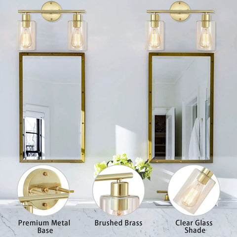 Dope Gold Vanity Light Fixture With Glass Shade Brushed Brass Wall Sconces above mirrors in modern bathroom setting