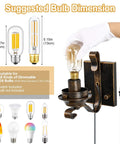 Retro Rustic Oil Rubbed Bronze Plug In Wall Sconce Set Of 2 with Amber Glass, showing bulb installation, dimensions, and styles.