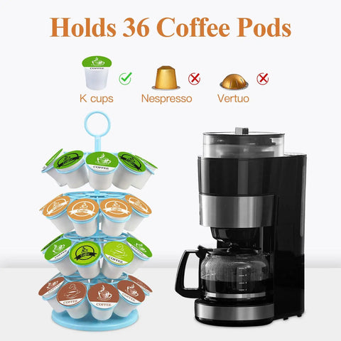 Coffee Pod Holder Organizer For K-Cups, 36 Pod Capacity, with rotating base next to a coffee machine, light blue finish