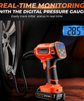 Tire Inflator Portable Air Compressor Cordless 21V Handheld Pump With Digital Pressure Gauge shown inflating car tire