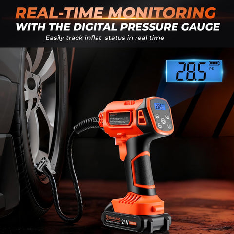 Tire Inflator Portable Air Compressor Cordless 21V Handheld Pump With Digital Pressure Gauge shown inflating car tire