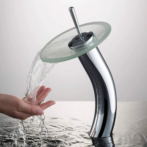 Tall Waterfall Vessel Sink Faucet With Frosted Glass Disk In Chrome Finish A Modern Bathroom Centerpiece That Pops Your Decor Built Tough Metal