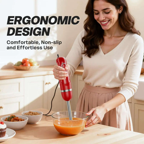 Heavy Duty Corded Immersion Blender With Badass 400 Watt Copper Motor And Slick Two Speed Controls For Hella Smooth Soups Smoothies And Baby Food Puree Making, red design in use for blending.
