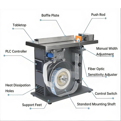 Xoiasth Semi Automatic Corner Labeling Machine With Plc Microcomputer Control features baffle plate, fiber optic sensor, and controller.