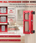 Pro Grade Aluminum Door Hinge Jig Template Kit For Router, Adjustable Mortise Jig fits door hinges 2.5 to 5 inches, red anodized 6061 aluminum.