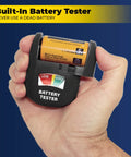 Hand holding a battery tester with a yellow AA battery, part of the Smart Battery Organizer Case With Tester Double Sided Battery Daddy Style Storage.