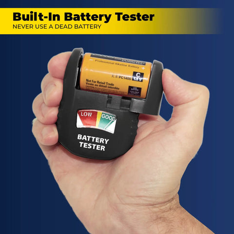 Hand holding a battery tester with a yellow AA battery, part of the Smart Battery Organizer Case With Tester Double Sided Battery Daddy Style Storage.