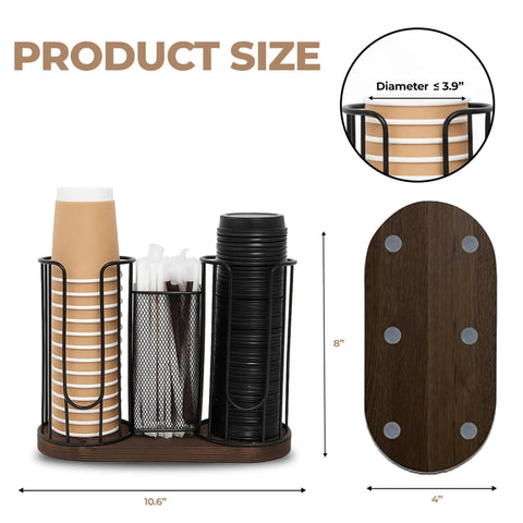 Three Compartment Coffee Cup And Lid Holder With Wooden Base, Go To Countertop Coffee Station Organizer, product dimensions