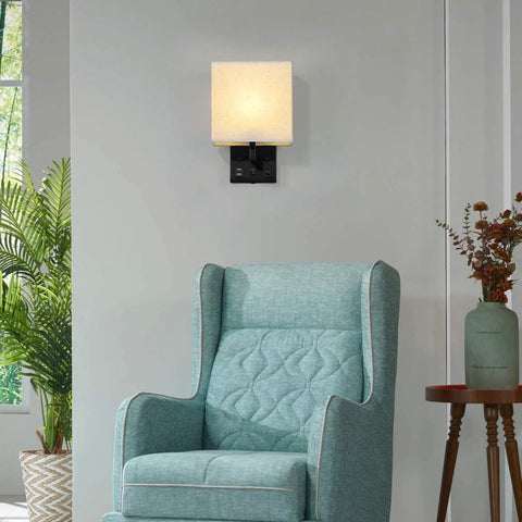 Dope Modern Plug In Wall Sconces Set Of 2 With USB Charging Ports And Built In AC Outlet Silver Finish With Linen Shade