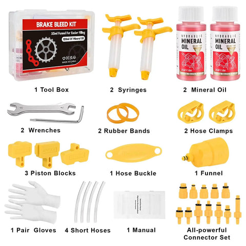 Dual Use Hydraulic Brake Bleed Kit For Road And MTB Bikes With M4 To M7 Adapters Mineral Oil Fluid And 2 X 60ml Bottles