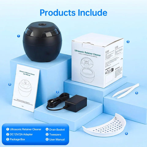 Go-To Ultrasonic Retainer Cleaner Pod With 45KHz Deep Cleaning, Digital Timer, 200ml Tank, accessories and packaging box.