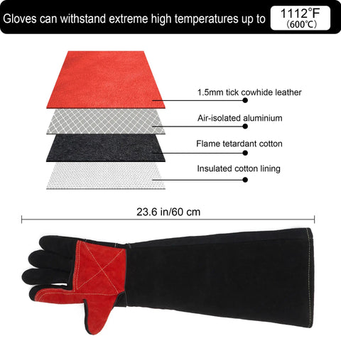 Long Welding Gloves 23.6 Inch Heat Resistant Leather With Kevlar For MIG TIG Stick Forge BBQ Grill Fireplace Wood Stove Furnace Oven Pro Grade Heavy Duty Protection Up To 662 Fahrenheit And 350 Celsius with material layers and dimensions.