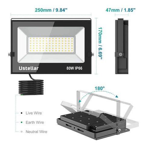 Diagram of 2 Pack 80W LED Flood Lights Outdoor IP66 Waterproof Security Lighting with dimensions and wiring details