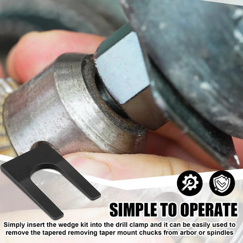 Heavy Duty Four Pack Drill Chuck Removal Wedge Set Compatible With Jt33 And Jt6 Arbors, No Sweat Keyless Chuck Extractor Tool Opens.72 Inch For Smooth Shop Renovations, showing wedge in use.