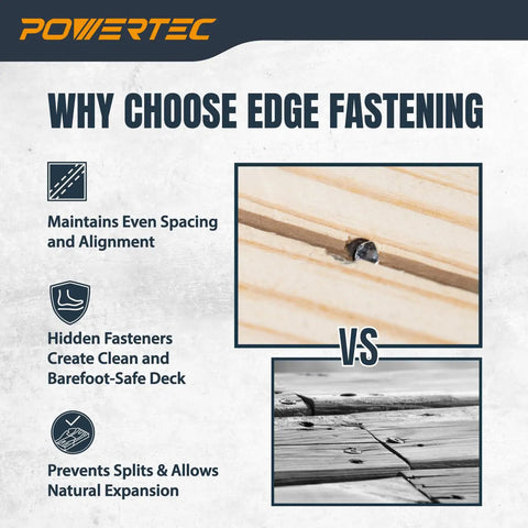 Heavy Duty Edge Deck Screw Jig Kit With T15 Torx Bit Plus Three Precise Board Spacing Settings For Smooth Hidden Fastening On Thirty Five To Six Inch Wood Or Composite Planks Fitting Standard Number Ten Screws For No Sweat Deck Builds showing comparison of hidden fasteners on wooden deck.